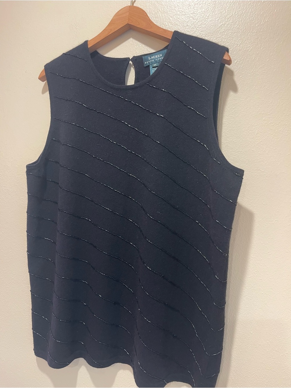 Lauren Ralph Lauren 2X Black Beaded Merino Cashmere Angora Sweater Top Vest